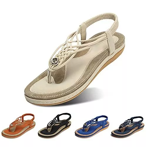 gracosy Sandalen & Slides gracosy Sandalen Damen Sommer, Bohemian Strass Flach Sandaletten Sommer Strand Schuhe Freizeit Urlaub Sommerschuhe Zehentrenner Sandalen Mädchen Mode Riemchensandalen Schwarz Blau Navy Brown Beige
