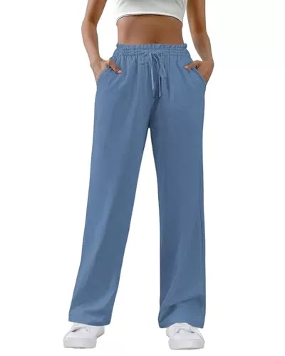 HMIYA Hosen HMIYA Weite Hosen Damen 100% Baumwolle Lässig Gerade Stoffhose Leichte Hohe Taille Palazzo Hose mit Taschen