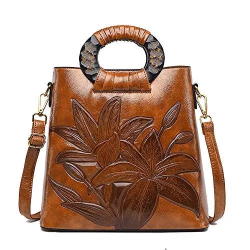 Coolives Taschen & Rucksäcke Coolives Damen Handtasche Holz Henkel Henkeltasche Klassische Blumenprägung Umhängetasche Schultertasche Braun EINWEG