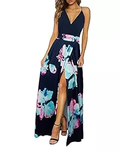 Newshows Freizeit Newshows Sommerkleid Damen Lang Maxikleid Sommer V Ausschnitt Kleid Schlitz Elegant Spaghettiträger Freizeitkleid für Hochzeitsgäste