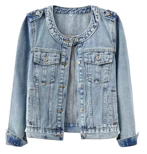 Kedera Jacken Kedera Damen Jeansjacke Knopfleiste Kragenlos Langarm gewaschene süße Jeansjacken