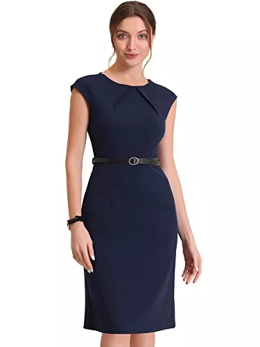 Allegra K Business Allegra K Damen Bürokleid Ärmellos Rundhalsausschnitt Flügelärmeln Gürtel Elegant Etuikleid Kleid