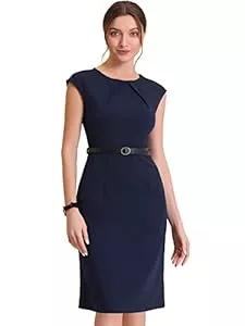 Allegra K Business Allegra K Damen Bürokleid Ärmellos Rundhalsausschnitt Flügelärmeln Gürtel Elegant Etuikleid Kleid
