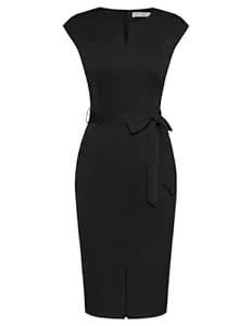 GRACE KARIN Business GRACE KARIN Damen Cocktailkleid Elegant Rundhal Wickelkleid Cap Sleeve Formelle Business Kleid mit Gürtel