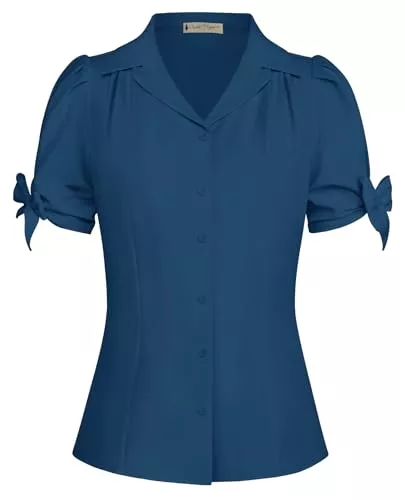Belle Poque Kurzarmblusen Belle Poque Damen Vintage Bluse V-Ausschnitt Slim Fit Puff Kurzarm Hemd