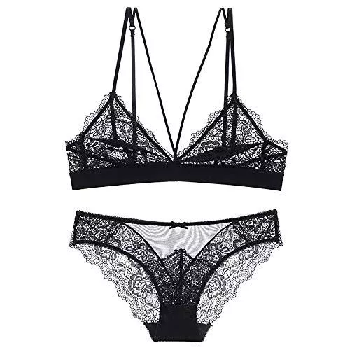 LCSD Unterwäsche & Dessous LCSD Dessous-Set für Damen, sexy Spitze, bedruckt, ohne Stahlring, BH und Höschen, transparent, Dessous, Stickerei, BH-Set (Farbe: Schwarz, Größe: 75C=32C=70C)