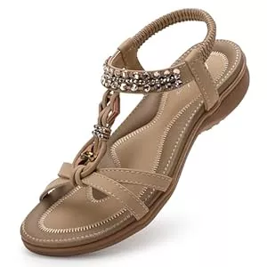 Littleplum Sandalen & Slides Littleplum Sandalen Damen Sommer Flache Sandalette Bohemia Sandals mit Strass Perlen Freizeit Damen Strand Schuhe Sandalen