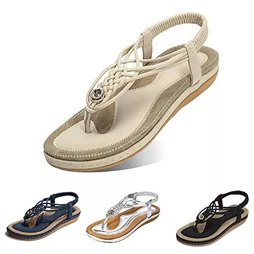 Camfosy Sandalen & Slides Camfosy Sandalen Damen Flach Sommer, Zehentrenner Strand Bohemian Sandalen mit Weiche Fußbett Freizeit Sommerschuhe Mädchen Mode Webmuster Urlaub rutschfest Flip Flops - Schwarz Gr.36-44