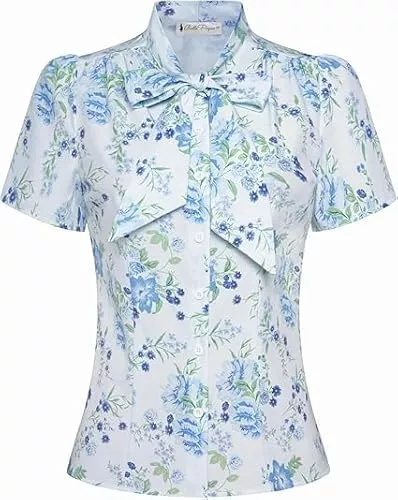 Belle Poque Kurzarmblusen Belle Poque Damen Kurzarm Casual Oberteil Basic Tops Sommer Bluse Vintage Hemd T-Shirt mit Schleife BP819