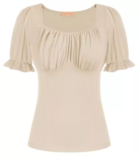 Belle Poque Kurzarmblusen Belle Poque Damen Elegant Bluse Vintage Tops Kurzarm eckiger Kragen aus Reiner Baumwolle Oberteil Basic Tops BP0376S22