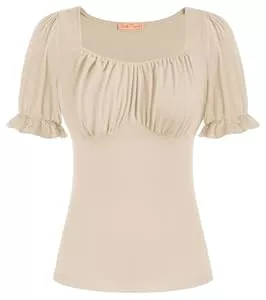 Belle Poque Kurzarmblusen Belle Poque Damen Elegant Bluse Vintage Tops Kurzarm eckiger Kragen aus Reiner Baumwolle Oberteil Basic Tops BP0376S22