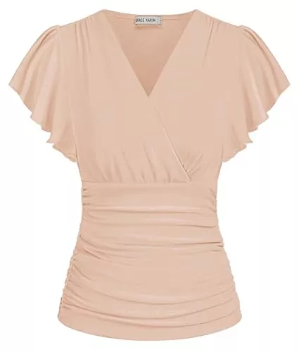 GRACE KARIN Kurzarmblusen GRACE KARIN Damen Rüschen Bluse V-Ausschnitt Kurzarm Oberteile Elegant Plissee-Top Slim Fit Wickelbluse