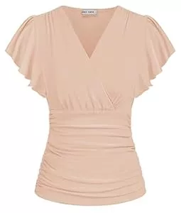 GRACE KARIN Kurzarmblusen GRACE KARIN Damen Rüschen Bluse V-Ausschnitt Kurzarm Oberteile Elegant Plissee-Top Slim Fit Wickelbluse