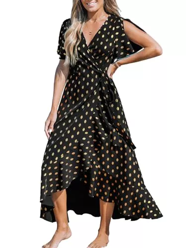 CUPSHE Freizeit CUPSHE Damen Kleid V Ausschnitt Kurzarm High Low Wickelkleid Rüschensaum Lange Freizeitkleider Sommer Strand Maxi Dress