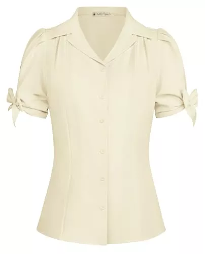 Belle Poque Kurzarmblusen Belle Poque Damen Vintage Bluse V-Ausschnitt Slim Fit Puff Kurzarm Hemd