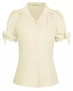 Belle Poque Kurzarmblusen Belle Poque Damen Vintage Bluse V-Ausschnitt Slim Fit Puff Kurzarm Hemd