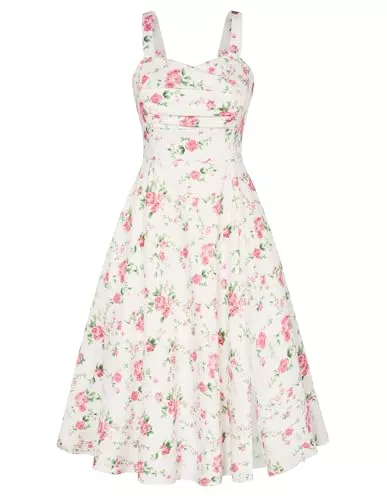 Belle Poque Cocktail Belle Poque Damen Vintage Kleid Spaghetti Blumenkleid Sommerkleid mit Schlitz Freizeitkleid mit Taschen