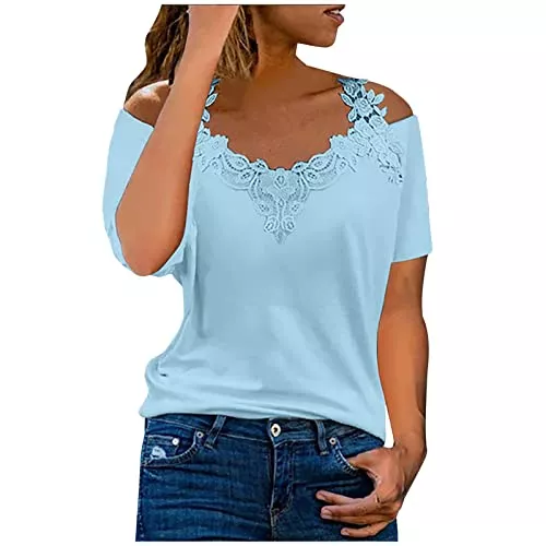NZYIHAO Ärmellose Blusen Spitze Bluse Damen Sexy Schulterfrei Tshirt V-Ausschnitt Oberteile Sommer Einfarbig Tops Große Größen Pullover Kurzarm Shirt Locker Longbluse Leicht T-Shirt Lange Tunika T-Shirts Streetwear