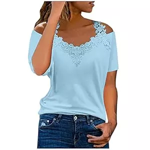 NZYIHAO Ärmellose Blusen Spitze Bluse Damen Sexy Schulterfrei Tshirt V-Ausschnitt Oberteile Sommer Einfarbig Tops Große Größen Pullover Kurzarm Shirt Locker Longbluse Leicht T-Shirt Lange Tunika T-Shirts Streetwear