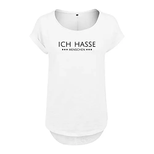 DELUNO T-Shirts Ich Hasse Menschen Design Premium Damen Shirt Oversize Frauen Tshirt Vokuhila Locker schwarz weiß NEU Hinterer Schnitt länger