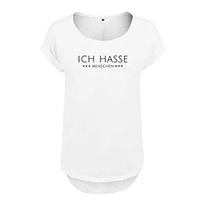 DELUNO T-Shirts Ich Hasse Menschen Design Premium Damen Shirt Oversize Frauen Tshirt Vokuhila Locker schwarz weiß NEU Hinterer Schnitt länger
