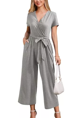 OUGES Jumpsuits OUGES Jumpsuit Damen Sommer Elegant Overall Lang Playsuit Kurzarm Casual Hosenanzug mit Taschen