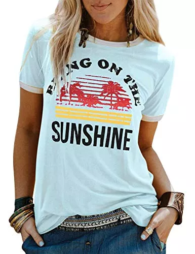 Dresswel T-Shirts Dresswel Damen Bring On The Sunshine T-Shirt Kurzarm Rundhals Regenbogen T Shirt Grafik Druck Tee Shirts Sommer Oberteile Tops