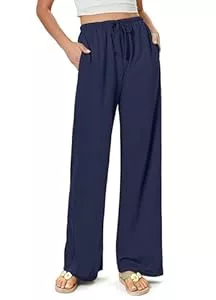 Glacspyg Hosen Glacspyg Damen Hosen Flowy Wide Leg Freizeithose Casual Beach Strandhose High Waisted Kordelzug Palazzo Hosen mit Taschen