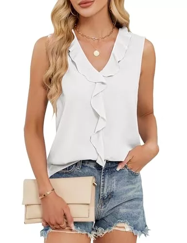 ROFUSSO Ärmellose Blusen ROFUSSO Tank Top Damen Sommer V-Ausschnitt Ärmellos Oberteile Elegant Bluse Tank Top Casual Business Shirt Strand Vest Tops