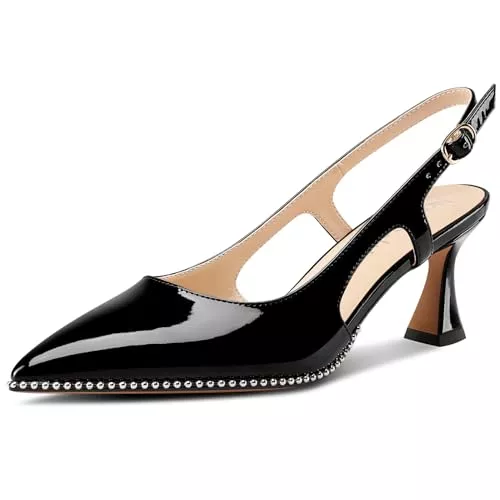 NobleOnly High Heels NobleOnly Damen Geschlossene Spitze Zehenkappe Mittlerem Kitten Absatz Heel Slingback Pumps Schnalle Dress Slip-on Perlenbesetzte Schuhe 6.5 cm Heels