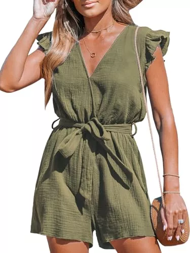 CUPSHE Jumpsuits CUPSHE Damen Jumpsuit V-Ausschnitt Wickeloptik Strampler Flatterärmel Weites Bein Overall Sommer Kurz Lose Playsuit