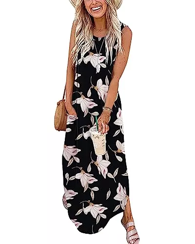AUSELILY Freizeit AUSELILY Maxikleider Damen Sommer Ärmellos Strandkleid Lang Sommer-Kleider Tank T-Shirt Kleid mit Taschen