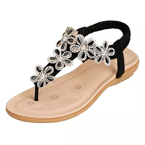 SANMIO Sandalen & Slides SANMIO Sandalen Damen Sommer Flach Schön und Bequem Zehentrenner Sandaletten Bohemian Strand Schuhe Freizeit Flip Flops mit Strass Perlen, Größe 36-44