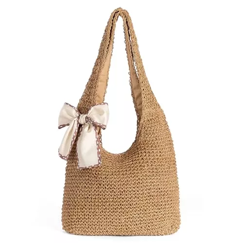 CorkAllin Taschen & Rucksäcke CorkAllin Stroh Strandtasche für Damen – Handgefertigte Bast Gewebte Tragetasche, Sommer Mesh Geflochtene Tasche Strandtasche für Urlaub, Braun, Large