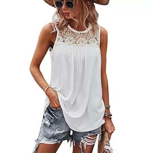 Arevill Ärmellose Blusen Arevill Damen Mode Spitze Oberteile Sommer Ärmellos Spitzenshirt T-Shirt Tops