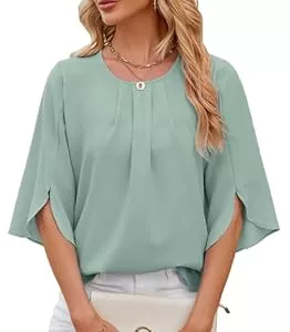 HANERDUN Langarmblusen HANERDUN Damen Bluse Flowy Chiffon Blusenshirt Sommer Shirts Elegant 3/4 Arm Kurze Tunika Falten Rundhals Tops Casual Oberteile Locker Hemd Streetwear