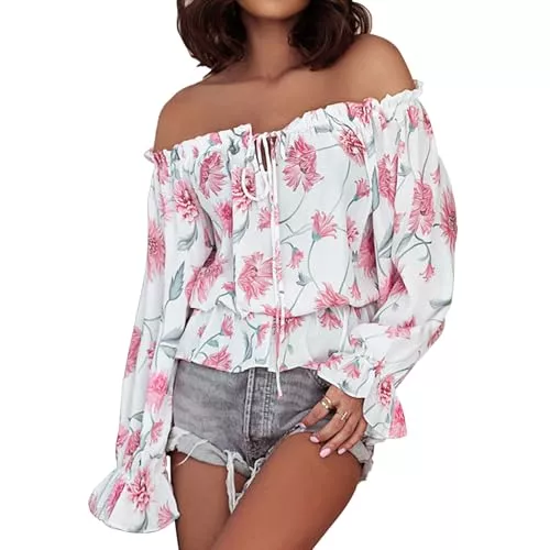 AILLOSA Langarmblusen AILLOSA Damen Casual Trägerlos Top Fließende Polyester-Bluse mit Rüschenkragen&amp;Laternenärmeln
