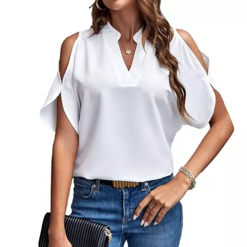 EMOTTOS Langarmblusen EMOTTOS Damen Tops mit Tiefem V-Ausschnitt, 3/4-Ärmel T-Shirt mit Beweglicher Kette, Sommer Schulterfreies Chiffon-Imitat Bluse mit Kalten Schultern Tunika T-Shirt, Schwarz/Weiß, S-XL