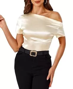 VIDUSSA Kurzarmblusen VIDUSSA Damen Schulterfreies Oberteil Bluse - Satin Sommer Kurzarm Figurbetont mit Raffung Elegante Seidenoptik Casual Trend