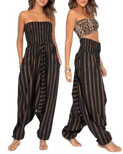 likemary Jumpsuits Jumpsuit Damen Sommer – vielseitiger Einteiler aus Baumwolle – wird durch Herunterziehen zur Haremshose – mit Taschen und elastischen Bündchen an Taille und Knöchel – Einheitsgröße passt 36 bis 48