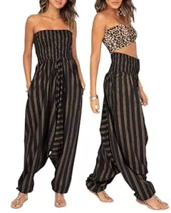 likemary Jumpsuits Jumpsuit Damen Sommer – vielseitiger Einteiler aus Baumwolle – wird durch Herunterziehen zur Haremshose – mit Taschen und elastischen Bündchen an Taille und Knöchel – Einheitsgröße passt 36 bis 48