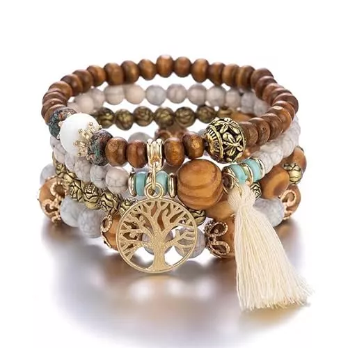 LICHUANUK Schmuck LICHUANUK Boho 4 Stück Armbänder Holzperlen Quaste, Chakra für Frauen, Natürliches Kristall heilsteine, Frauen Baum des Lebens Charm Statement Armreifen, Perle (Milky white)