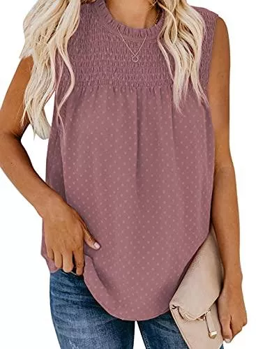 Jolicloth Ärmellose Blusen Jolicloth Sommer Bluse Damen O-Ausschnitt Swiss Dot Shirt Solide Kurzarm Tops Lässige T-Shirt Oberteile für Damen Frauen