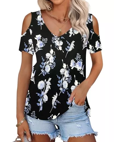 WNEEDU Kurzarmblusen WNEEDU Tshirt Damen Sommer V Ausschnitt Schulterfrei Oberteil Kurzarm Tops Elegant Tunika Bluse Mit Lockeren Passform Leicht Und Luftig