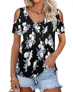 WNEEDU Kurzarmblusen WNEEDU Tshirt Damen Sommer V Ausschnitt Schulterfrei Oberteil Kurzarm Tops Elegant Tunika Bluse Mit Lockeren Passform Leicht Und Luftig