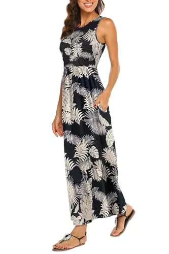 BDTECAOR Freizeit BDTECAOR Maxikleid Damen Sommer Boho Ärmellos Strandkleider Lässige Lange Tank Kleid mit Taschen