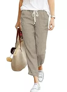 Hormtaer Hosen Hose Damen Leinen Sommerhose 7/8 Casual Leichte Baumwolle Leinenhose Stoffhose Bequeme Luftige Freizeithose Strandhose Mit Taschen