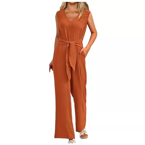 Generic Jumpsuits Jumpsuit Damen Elegant Festlich Lang Romper V-Ausschnitt ärmellos Tank Tops Sommer Hosenanzug Frauen Weites Bein Playsuit mit Schnüren Lose Overalls mit Tasche