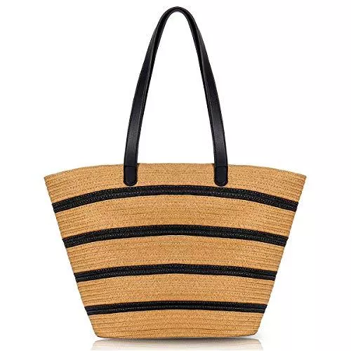 JOSEKO Taschen & Rucksäcke JOSEKO Stroh Handtasche, Sommer Strand Tasche Damen Schultertasche mit Ledergriffe Quaste Henkeltasche Frauen Strandtasche Crossbody Tasche Einkaufstasche Basttasche (Braune Streifen#01)
