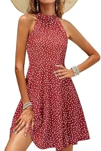 OUGES Freizeit OUGES Sommerkleid Damen Knielang Neckholder Kleid Sommer Blumenmuster Elegant Cocktailkleid